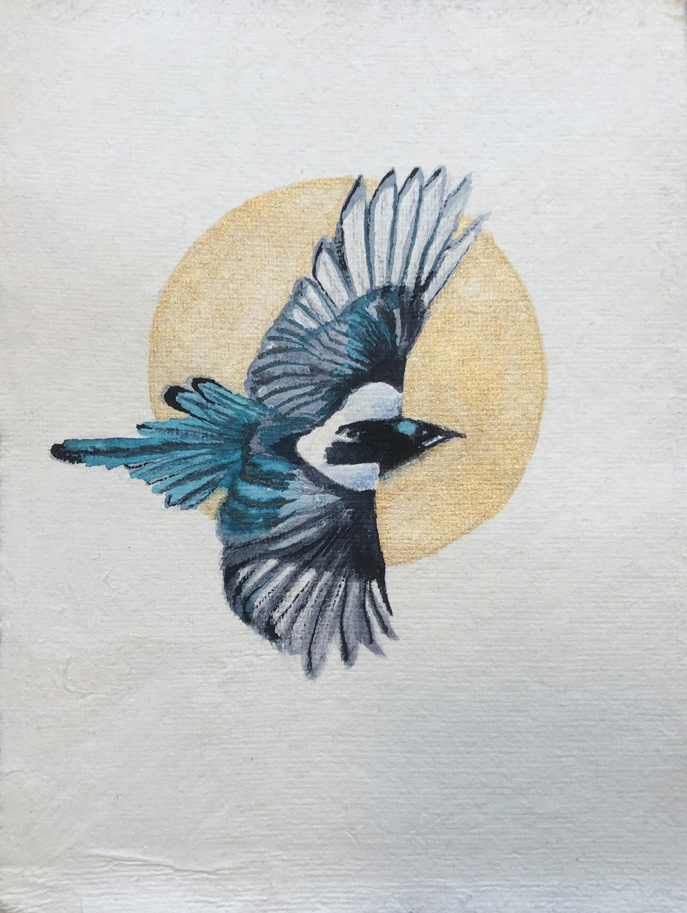 Watercolour painting of a magpie with a halo on cotton paper